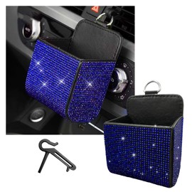 Dickno Car Vent Storage Organizer, Rhinestones Leather Air Vent Pocket, Bling Automotive Vent Pouch Box with Hook, Multipurpose Dashboard Air Vent Cell Phone Holder for Girl Women （Blue）