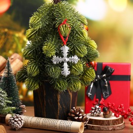 Hicarer 1 Set Metallic Cross Tree Ornaments with Christmas Gift Box Cross Decorative Hanging Ornaments Metal Religious Christian Gifts for Party Tree Decor