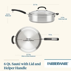 Farberware Brilliance Stainless Steel Saute Pan/Jumbo Cooker with Lid and Helper Handle, Induction Suitable, Dishwasher and Metal Utensil Safe, 6 Quart - Stainless Steel