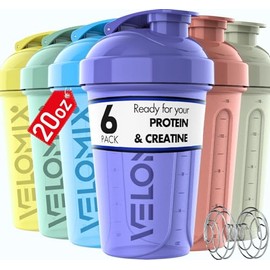 VELOMIX -6 PACK- 20 oz Protein Shaker Bottle for Protein Mixes - 6x Wire Whisk | Leak Proof Shaker Cups for Protein Shakes | Stackable Protein Shaker 