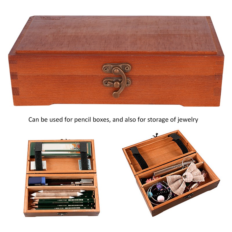 Wooden Sketching Pencil Box Antique Solid Wood Square Children Stationery