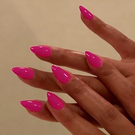 Uñas postizas cortas almendra, uñas postizas rosa intenso, uñas acrílicas puntiagudas con cobertura total brillante, uñas postizas con pegamento, uñas
