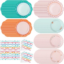 Skybooly 144 Pcs 48 Guests Italian Summer Party Paper Plates and Napkin Set Heavy Duty Italian Summer Scalloped Party Plate Napkin Disposable Pastel Supplies Decoration for Bridal Baby Shower Wedding