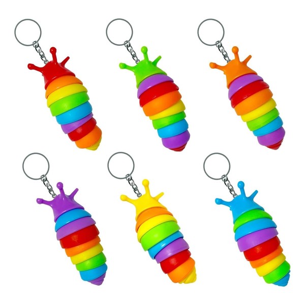 6 Pcs Fidget Slug, Colorful 3D Articulated Stretch Caterpillar Keyring Toy keychain Slug Mini Keychain, Flexible Hand Toy Stress and Anxiety Relieving(Six Colors)