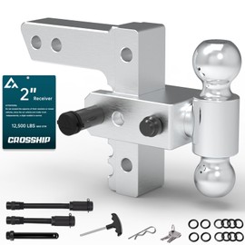 CROSSHIP Adjustable Trailer Hitch - Heavy Duty Aluminum Drop Drawbar Hitch - Fits 2" Receiver, 6" Drop/Rise with 2" & 2-5/16" Solid Dual Balls 12,500 LBS GTW- for Truck, SUV, RV