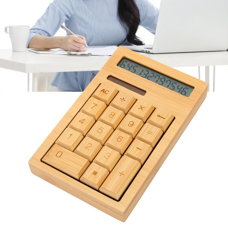 Wooden Calculator Solar Battery Powered 18 Keys Large LCD Display
