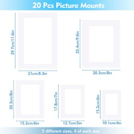 20PCS White Picture Mounts, 5 Sizes Mixed Photo Mounts, Picture Mounts for Frames, Mount Mats Board for Images, Posters, and Paintings