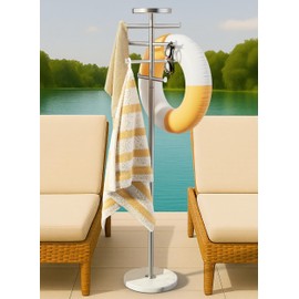 8 Arms Natural Marble Pool Towel Rack Outdoor with Extra Weight Base, KES 360° Adjustable 59in Outdoor Towel Rack for Pool & Hot Tub with Storage Tray, 18/8 Stainless Steel, Brushed Finish, OTR204-2