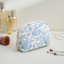 WHHJM Dome Cosmetic Makeup Bag Small Cotton Quilted Makeup Pouch for Purse Cute Floral Travel Toiletry Zipper Pouch (Blue Floral)