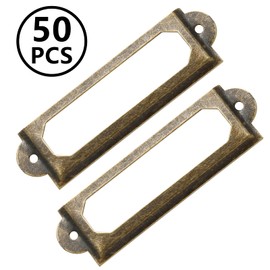 Qjaiune 50Pcs Metal Library Label Holders, File Cabinet Label Frames with Screws, Card Tag Label Holder for Office Drawers Shelves (Antique Bronze, 60x17mm)