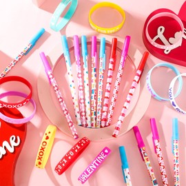 60 Pcs Valentine's Day Pens Rubber Bracelets Set 30 Pcs Heart Pens Bulk Ballpoint Pens 30 Pcs Silicone Wristbands Valentine Bracelet Valentine's Day Party Favors for Class Kid Student School Office