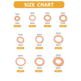 Pack of 200 Copper Sealing Rings Assortment, 10 Sizes Flat Washers, Copper Sealing Rings, Copper Flat Washer Sealing Ring Kit, Copper with Box, Locking Washers, M5 M6 M8 M10 M12 M14