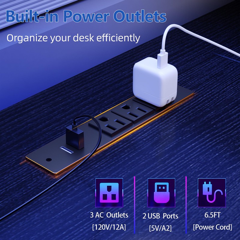 Furologee 51" Gaming Desk with Power Outlets & LED Lights,
