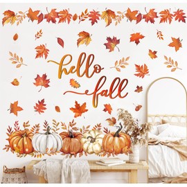 JarThenaAMCS 9 Sheets Hello Fall Wall Stickers Watercolor Pumpkin Maple Leaves Wall Decals Room Mural Stickers for Autumn Thanksgiving Home Classroom Party Decor, 7.9 x 11.8 Inch