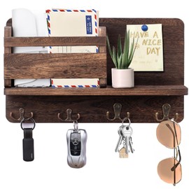 HXIO Hanging Jewelry Organizer Wall Mount with Rustic Wood Shelf, Ring Display Box, Ear Studs Earring Holder, Rotating Necklace Holder, Brown