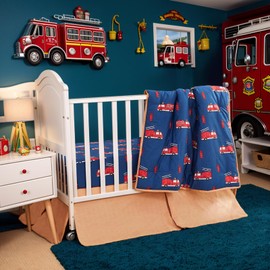 Brandream Fire Truck Boy Crib Bedding Set 6 Pieces Baby Nursery Comforter Set 100% Cotton, Blue Red