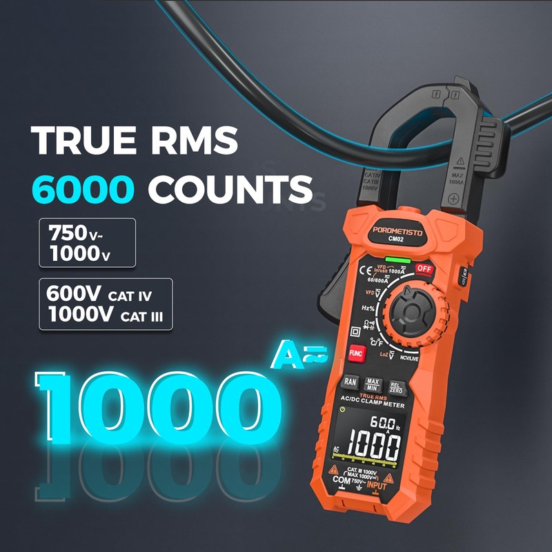 Clamp Meter POROMETISTO Digital Inrush Clamp Multimeter 1000A TRMS 6000
