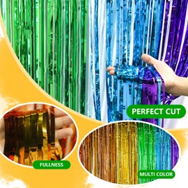 BlingABC 2Pack Rainbow Foil Fringe Curtains Backdrop, 6.6x6.6ft Tinsel Metallic Tassel Streamers for Fiesta Holiday Photo Booth Props Birthday Wedding Engagement Bridal Shower Celebration Party Decor