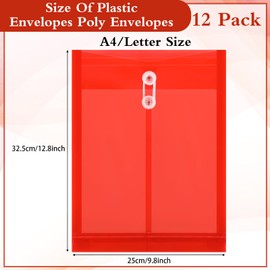 ReliThick 12 Pack Plastic Envelopes with Button and String Tie Closure Expandable Poly String Envelopes Plastic File Folder Letter A4 Size 1-1/4 Inch Expansion(Red)