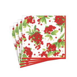 Caspari Christmas Berry Paper Cocktail Napkins in Red - 20 Per Package, 4 Packs