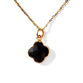 Joyfulmuze Genuine Tourmaline Necklace, Black Crystal Carved Four Leaf Clover Shape, 925 Sterling Silver Plated 14K Gold Jewelry (Black-Tourmaline-Gold)
