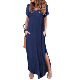 Camdoria Navy Blue Maxi Dress for Women Summer Loose Casual Short Sleeves V Neck Flowy Long Dresses Split Sundress with Pockets Medium