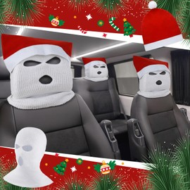 Jeere 8 Pcs Car Christmas Decorations Santa Hats for Car Seats Funny Headrest Covers for Cars Seat Full Face Mask Headrest Protector Interior Accessories Christmas Decor for Most Car Headrests