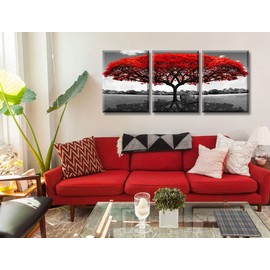 BLINFEIRU Wall Decor Living Room Red Tree - Black White and Red Nature Trees Pictures for Bedroom Wall Decorations Modern Scenery Paintings Canvas Wall Art Home Artwork Framed 12"x16"x3
