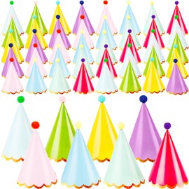 Rcanedny 48 Pcs Colorful Birthday Cone Hats with Pom Poms Paper Cone Hats Party Hats for Birthday New Year Party Favor Campus Activities, 8 Colors