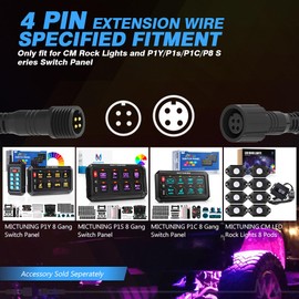 MICTUNING 2PCS 10FT 4 Pin Extension Cables - Exclusive for 2nd-Gen RGB Rock Lights and P1Y P1s P1C P8 Series Switch Panel Connection