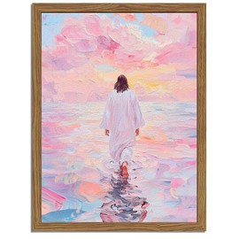 Pink Jesus Walking On Water Wall Art, Frame 3D Textured Hand Drawn Sandstone Christian Wall Decor Paintings Religious Savior Pictures for Living Prayer Room Bedroom, 24x36 in Wood Framed