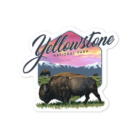 Die Cut Sticker Yellowstone National Park, Bison and Sunset, Contour Vinyl Sticker 3 to 6 inches, (Waterproof Decal for Cars, Water Bottles, Laptops, Coolers), Large