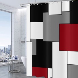 Hnmdmyi Shower Curtain, Red, 180 x 200 cm, Grey, Black and White Shower Curtains, Modern Geometric Decorative Bath Curtain, Waterproof Polyester Fabric, Washable Bath Curtain for Bathroom with Hooks