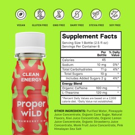 Proper Wild Vegan Energy Shots, with L-Theanine, and Organic Caffeine, Clean Plant Based Energy Drink, Gluten Free, GMO Free, Dairy Free, Stevia Free, Soy Free, Strawberry Kiwi, 2.5 Fl Oz, 6 Pack