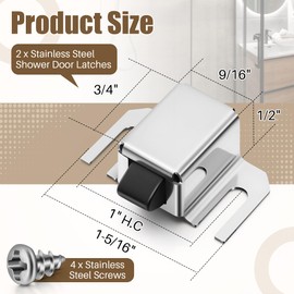 Jetec 2 Pack Shower Door Latch Replacement, Stainless Steel Single Shower Door Catch with Rust Proof Nylon Tip, Adjustable Spring Lock with 4 Screws, Push to Close Latch, Soft Closer for Bathroom