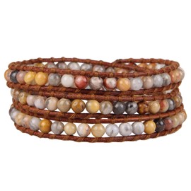 KELITCH Armbänder Freundschaft Frau Verrückt Spitze Achat Stein 3 Wickeln Leder Armband Zum Männer Mädchen