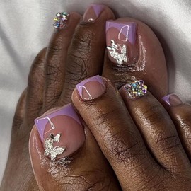 BAOYAALIN Press on Toenails French Blue Fake Toe Nail with 3D Alloy Butterfly Design for Women, Full Cover Acrylic Glue Press ons Toenail Short Stick on Toenails for Women Manicure 24PCS