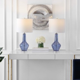 SAFAVIEH Lighting Collection Velor Blue Glass 24-inch Bedroom Living Room Home Office Desk Nightstand Table Lamp Set of 2 (LED Bulbs Included)