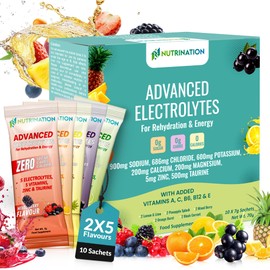 Advanced Electrolytes Sachets – High Strength Hydration Sachets with 5 Electrolytes, 5 Essential Vitamins & 500mg Taurine for Energy Support – Zero Sugar, Zero Calories – Variety Pack of 10