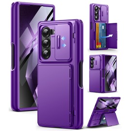 Tongate Funda para Z Fold 6, [con Tarjetero y Soporte para Lápiz óptico] [Protección de Pantalla de Cristal y Tapa Deslizante para Cámara] Funda Robusta con Bisagra de Protección, Morado