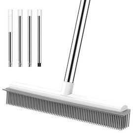 nacena Rubber Broom, 2 in 1 Pet Hair Removal Broom with Squeegee 51-in Adjustable Long Handle Carpet Broom for Cleaning Carpet Hardwood Floor Tile Window, Grey&White