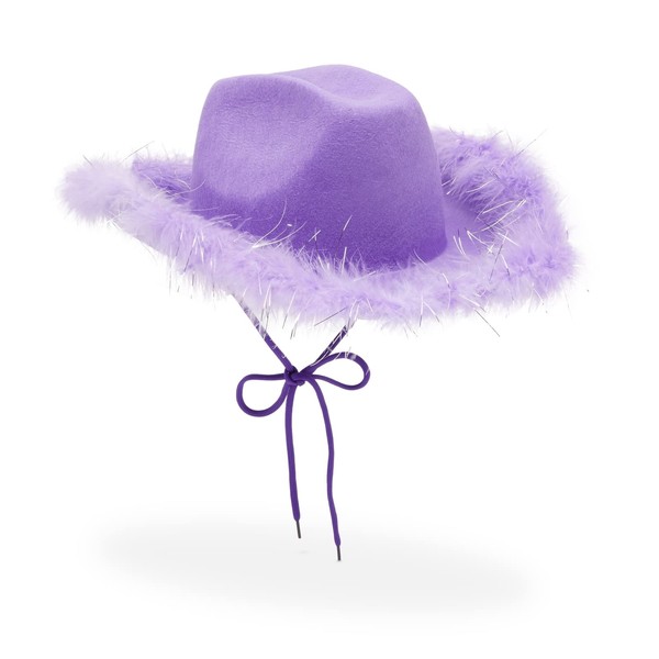 Zodaca Womens Cowboy Hat - Cute, Fluffy, Sparkly Cowgirl Hat with Feathers for Halloween, Birthday, Bachelorette Party (Purple)
