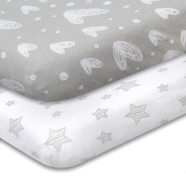 Biloban Pack and Play Fitted Sheets 2 Pack, 100% Natural Cotton Jersey Knit Fitted for Pack and Play Playard, Soft Breathable, Preshrunk, Gray Stars