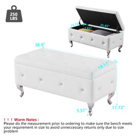mikibama PU Faux Leather Bedroom Storage Ottoman Benches End of Bed,Crystal Button Tufted Entryway Window Bench with Seating and Curved Metal Legs,Rectangle Living Room Footrest Bench(White PU)