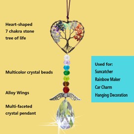 Healing Crystal Decor Tree of Life Car Hanging Accessories Suncatcher with Wings 7 Chakras Window Wall Hanging Decor Meditation Ornaments Home Decoration