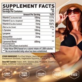 Elysx Liposomal Tanning Drops to Drink, Drinkable Liquid Astaxanthin 24mg with Lycopene, L-Tyrosine & Vitamins, Natural Tanning Support & Skin Health, Lemon Flavor, Sugar Free, 2 FL OZ