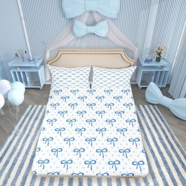Manfei Cute Bowknot Girly Fitted Sheet Twin Size,Bow-tie Geometric Dots Patchwork Bedding Set,Girls Women Room Decor,Castle Princess Style Bed Cover,Blue White Noble Bed Sheet,1 Pillowcase