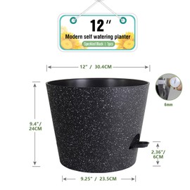 Meowell 12 inch Large Self Watering Pots, Plant Pots with Mesh Drainage Holes for Indoor Outdoor Plants, Plastic Planters with Deep Reservoir for Garden House Flower Plants, Speckled Black