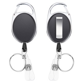 2 Pack Badge Holders and Heavy Duty Retractable Reel Clips Set, Vertical Leather ID Badge Holders with 1 Clear ID Window & 2 Credit Card Slots (Black-2pcs)'