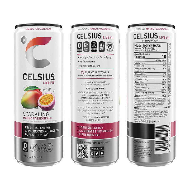 CELSIUS Sparkling Mango Passionfruit, Functional Essential Energy Drink, 12 Fl